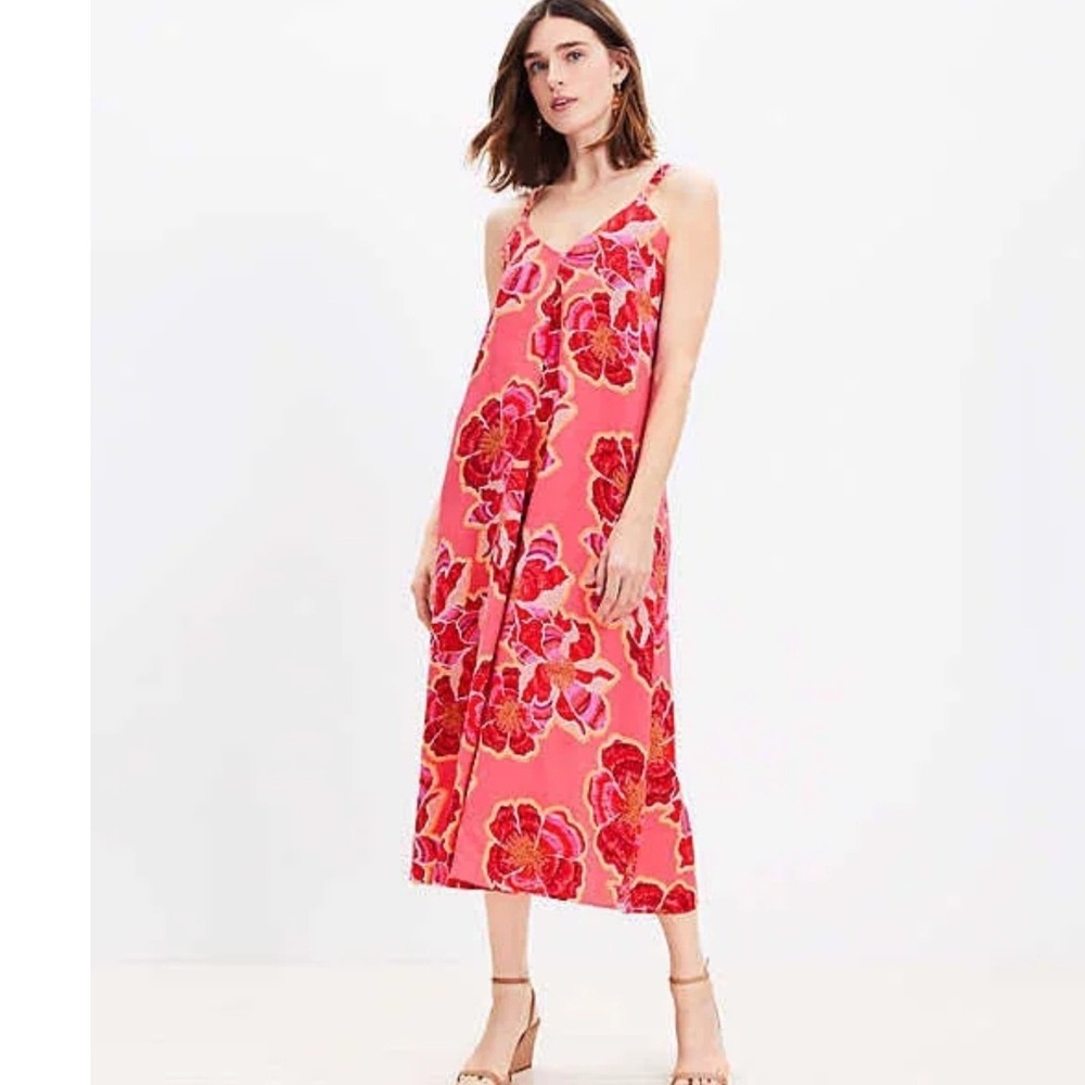 LOFT Floral Midi Dress Womens Sz 8 Pink Red Linen Blend V-Neck Beach Resort Boho
